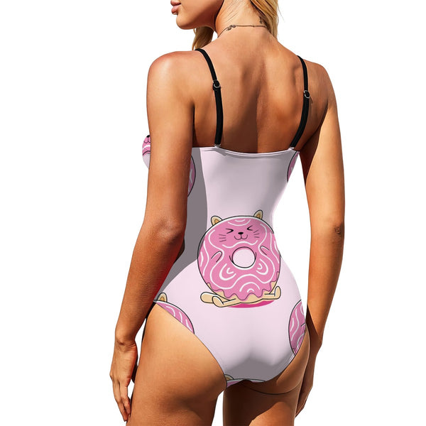 Cute Pink Doghnut Cut Out One Piece Swimsuit Women